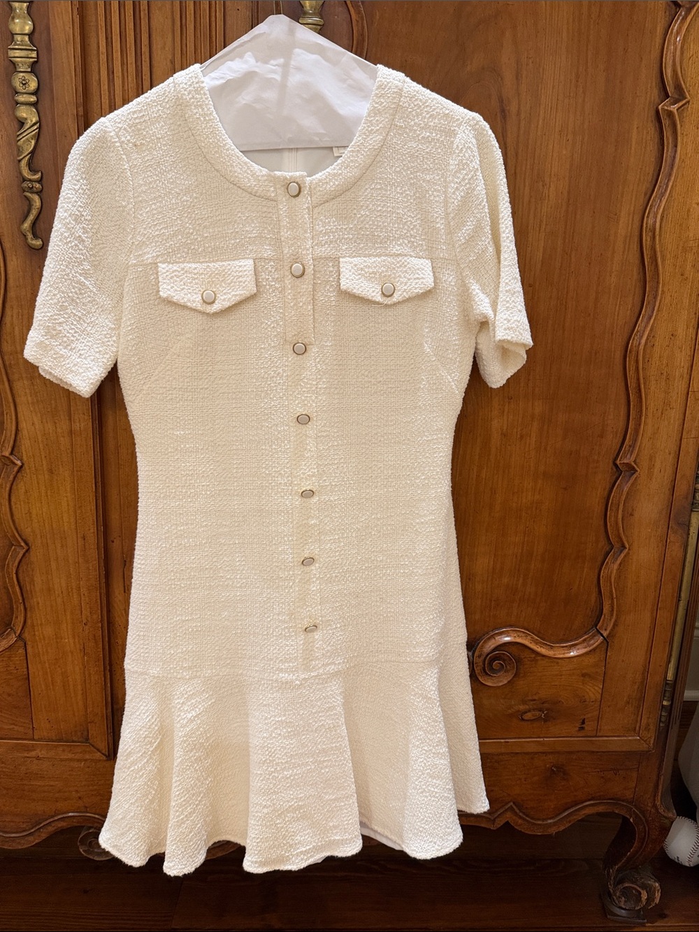 Shoshanna Cream Textured Button-Front Short-Sleeve Dress